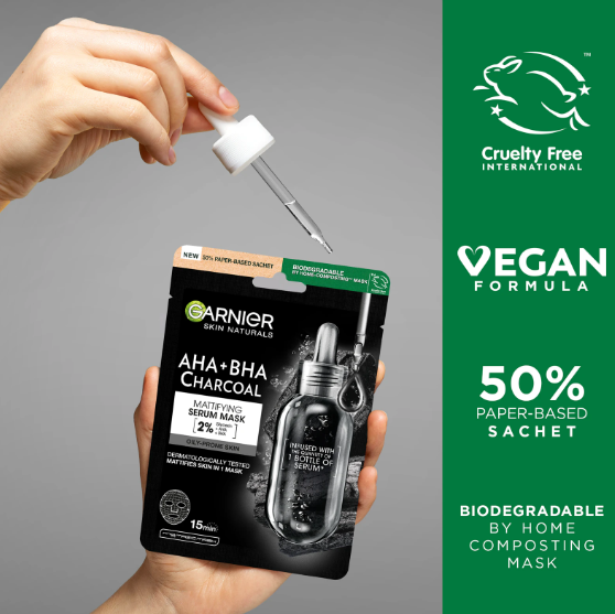 Garnier SkinActive - Maschera Siero AHA + BHA con Carbone (Opacizzante)