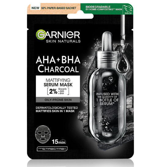 Garnier SkinActive - Maschera Siero AHA + BHA con Carbone (Opacizzante)