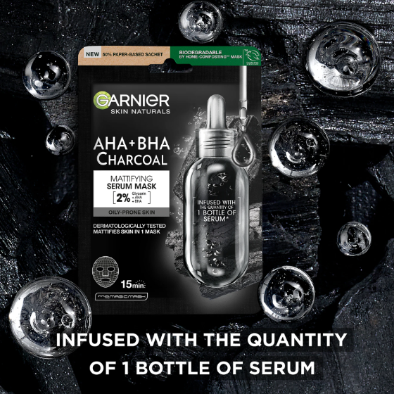 Garnier SkinActive - Maschera Siero AHA + BHA con Carbone (Opacizzante)