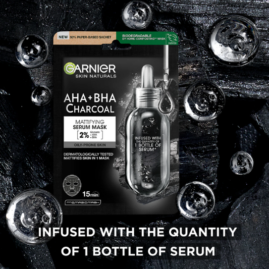 Garnier SkinActive - Maschera Siero AHA + BHA con Carbone (Opacizzante)